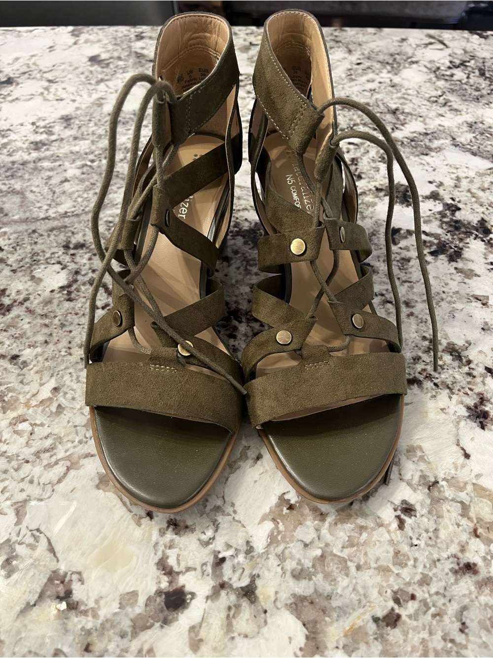 Naturalizer Olive Green Lace-Up Strappy Block Heel Sandals